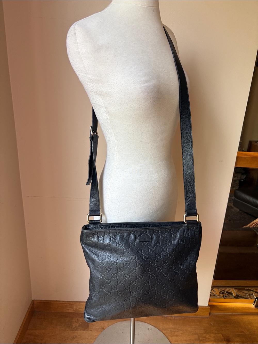 Gucci Guccissima Black Embossed Leather Crossbody Messenger Bag